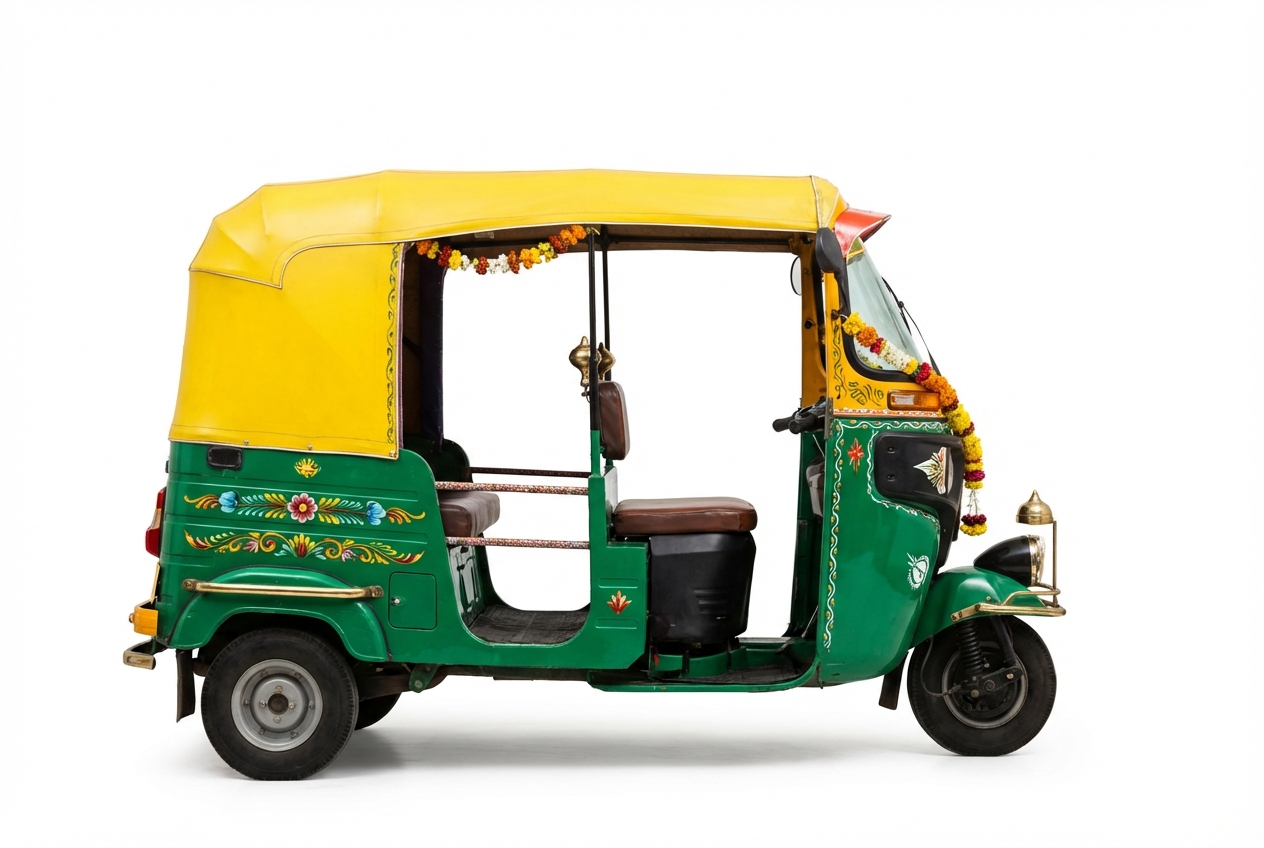 Rickshaw indien traditionnel sur fond blanc.
