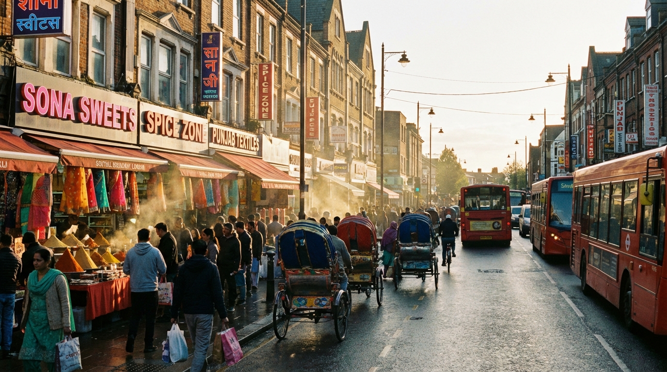 Rue animée du quartier indien de Southall à Londres sous une lumière cinématographique.