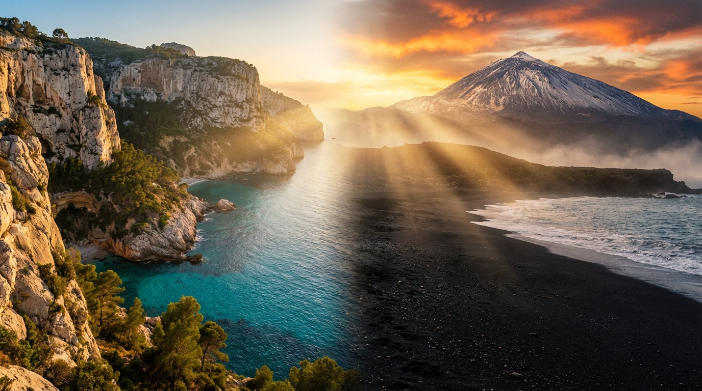 Paysages contrastés entre les falaises de Majorque et le relief volcanique de Tenerife