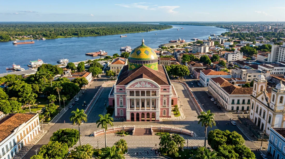 Vue panoramique du Teatro Amazonas à Manaus sous un soleil éclatant