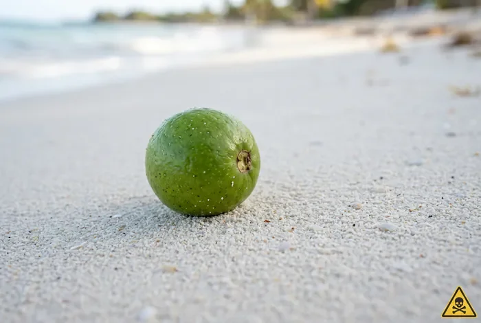 Mancenillier en Guadeloupe : guide de survie - Mancenillier Guadeloupe : Le guide ultime (2026) - Danger : comment reconnaître le mancenillier ? Fruit du mancenillier sur le sable avec symbole de danger