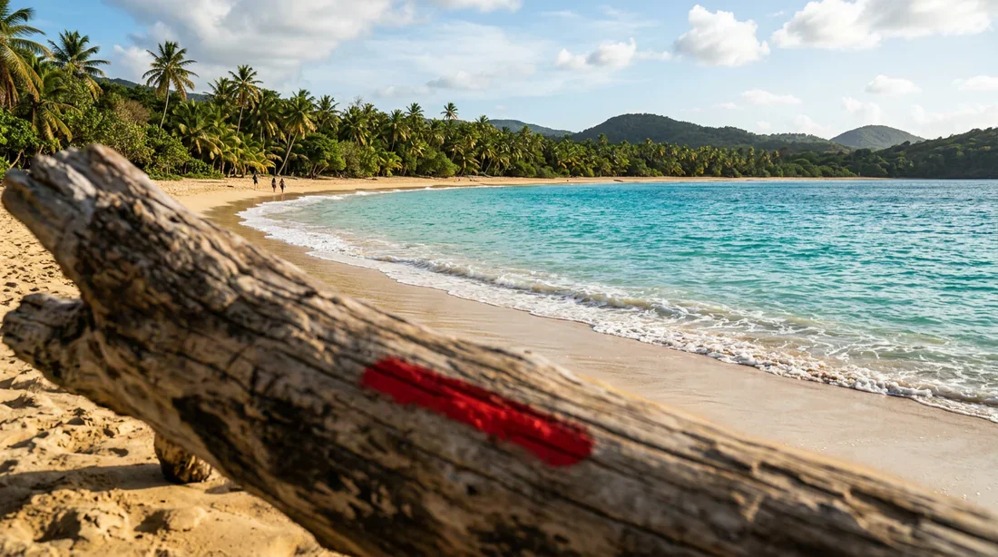 Plage paradisiaque de Guadeloupe avec un tronc d'arbre marqué d'une ligne rouge