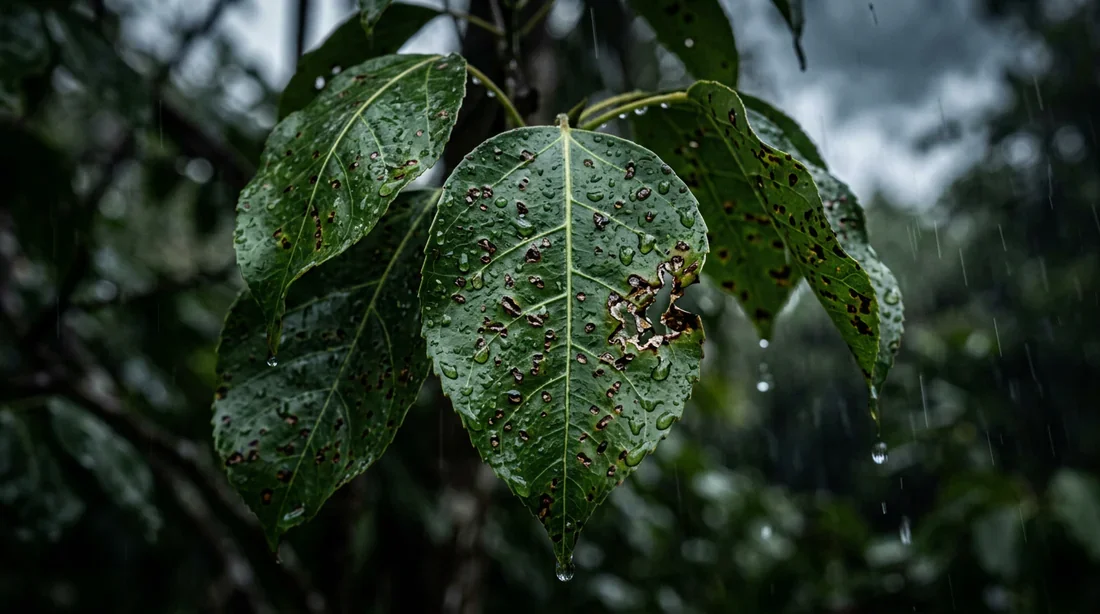 Pluie sur les feuilles de mancenillier causant des irritations
