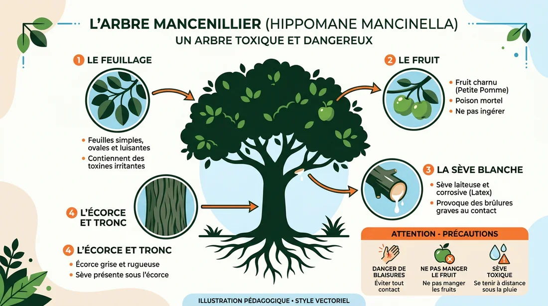 Schéma explicatif des parties toxiques du mancenillier
