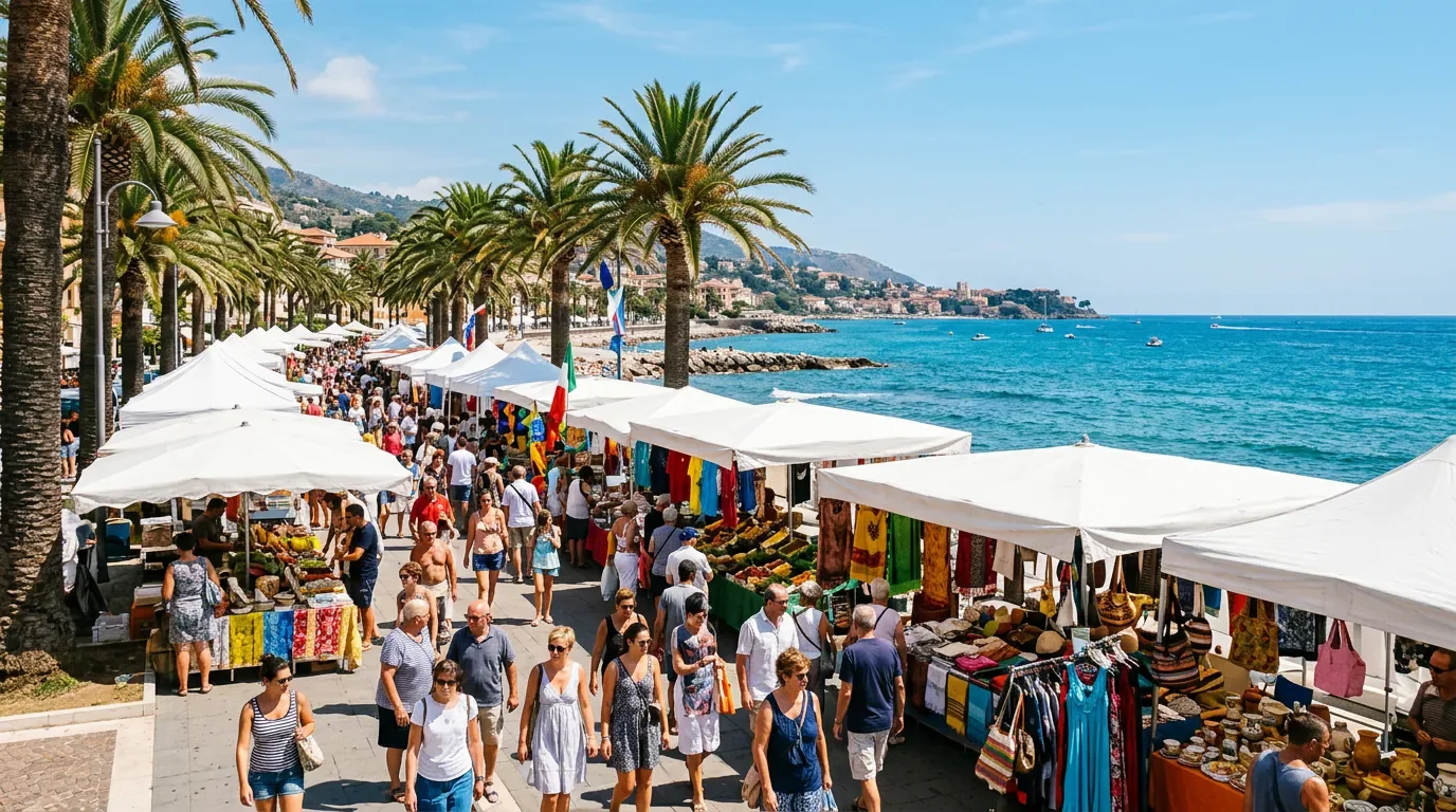Le grand marché du jeudi sur le front de mer de Bordighera avec ses tentes blanches et ses palmiers.