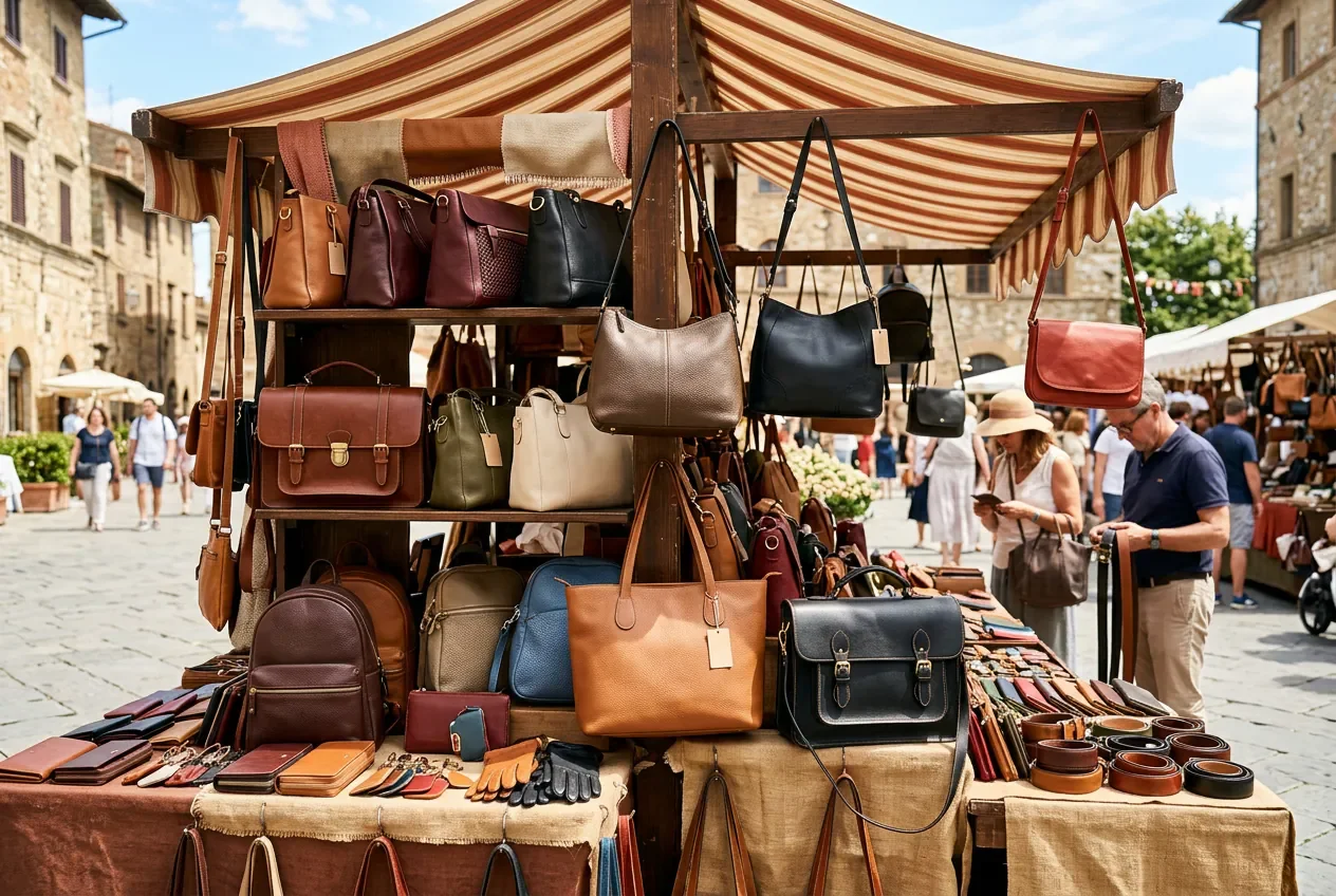 Sacs à main et maroquinerie italienne de qualité exposés au marché de Bordighera.