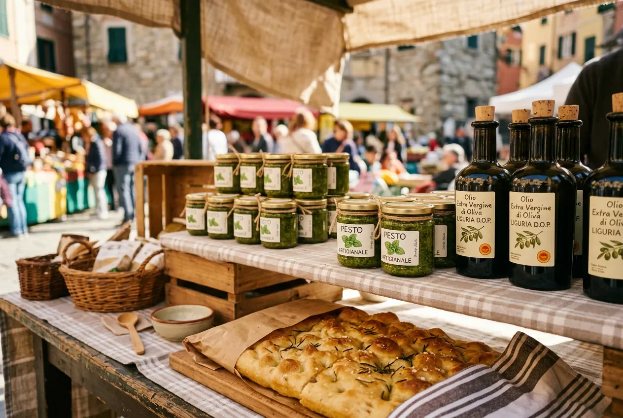 Sélection de spécialités culinaires ligures comme le pesto et l'huile d'olive sur un étal de marché.
