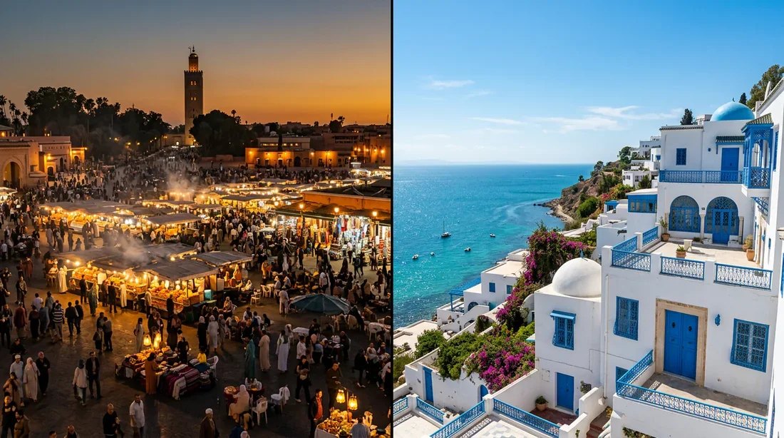 Marrakech ou Sidi Bou Saïd : voyage au Maghreb Comparaison entre la place Jemaa el-Fna à Marrakech et les maisons blanches et bleues de Sidi Bou Saïd en Tunisie