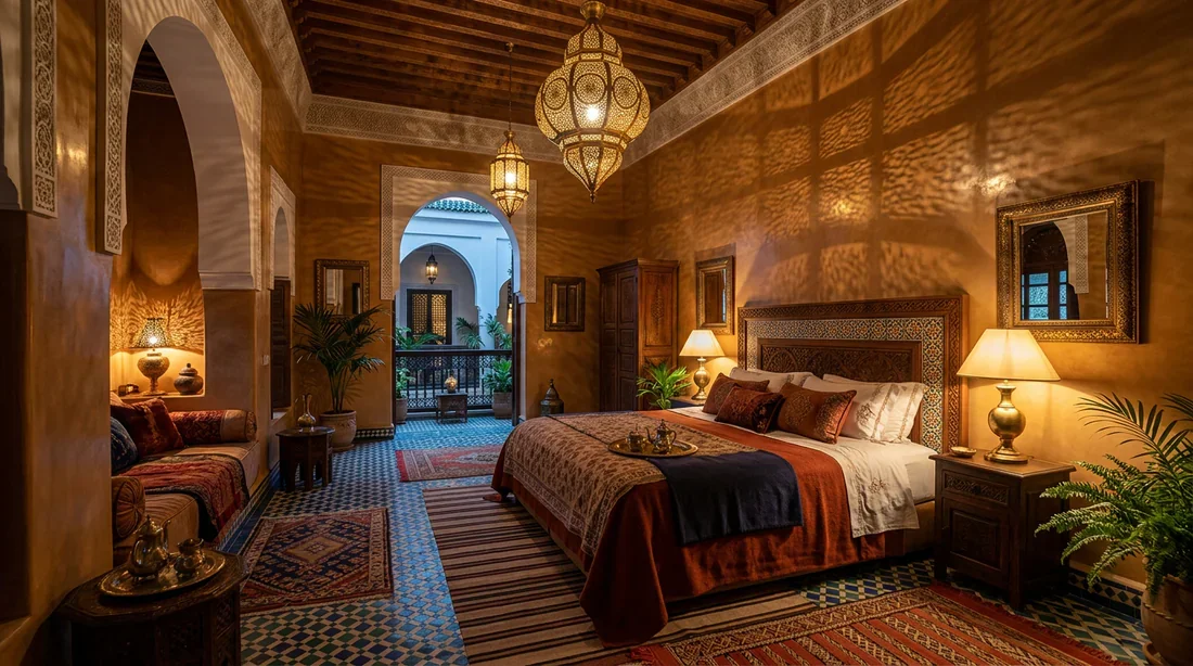 Chambre suite de luxe décorée dans le style traditionnel marocain dans un riad