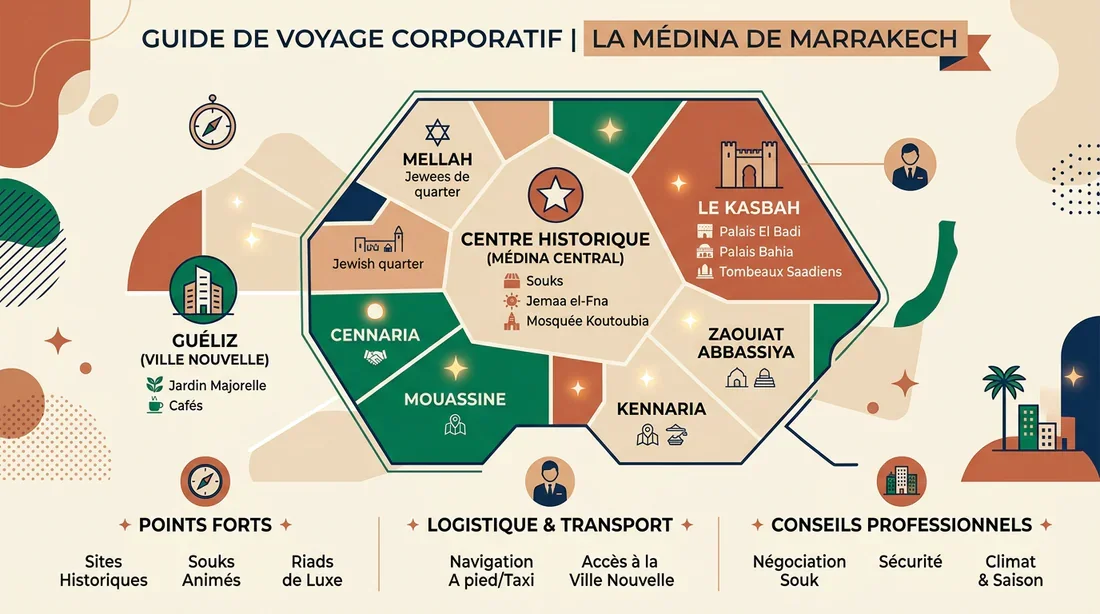 Infographie présentant la carte des quartiers principaux de la Médina de Marrakech