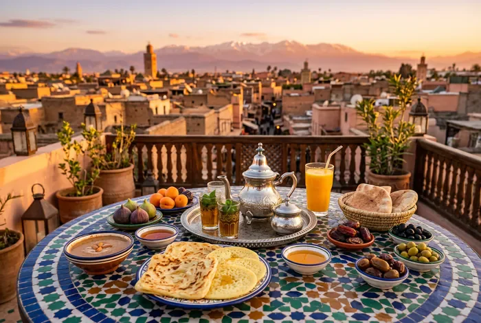 Petit-déjeuner marocain traditionnel sur un rooftop à Marrakech avec vue sur l'Atlas