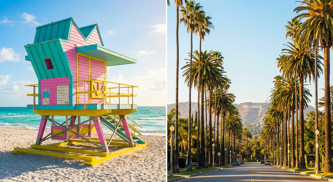 Comparaison visuelle entre le style Art Déco de Miami Beach et les palmiers de Los Angeles