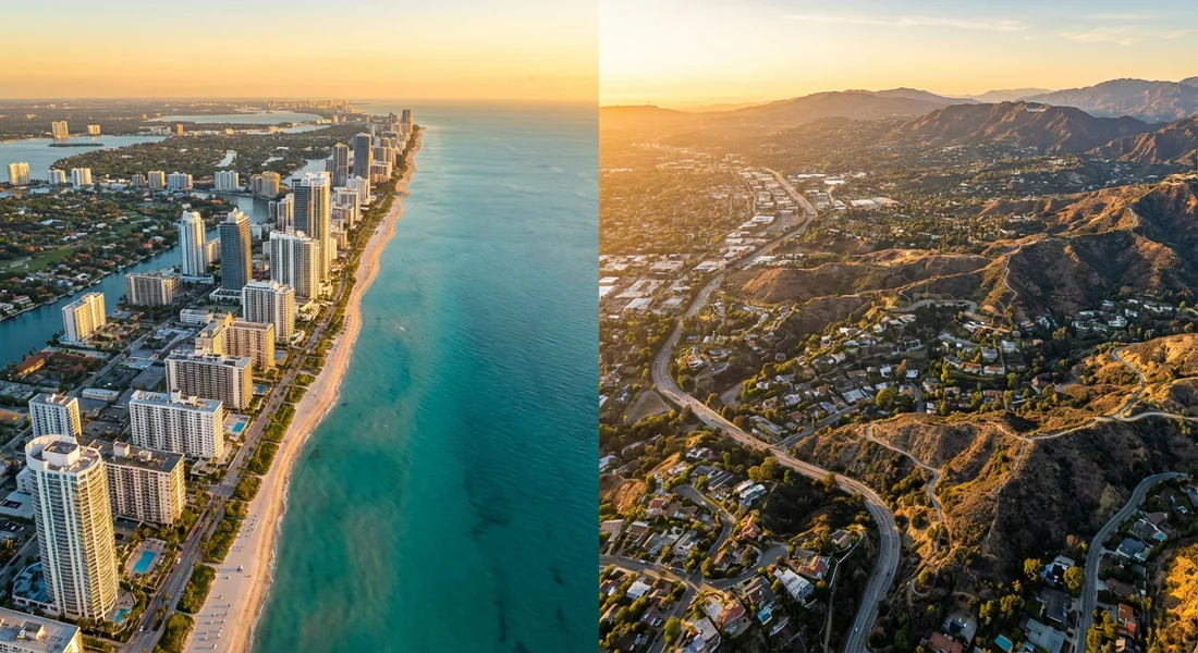 Vue aérienne comparative des littoraux de Miami et Los Angeles