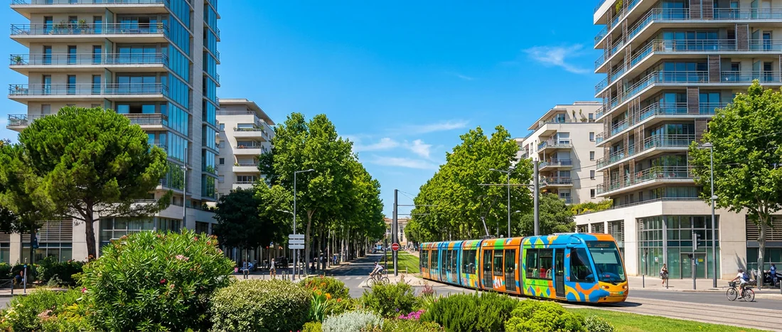 Vue ensoleillée du quartier Saint-Martin à Montpellier avec son tramway coloré et des espaces verts.
