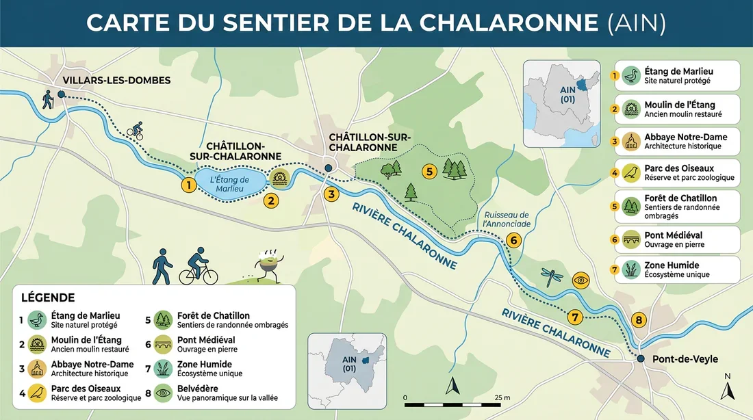 Itinéraire de la randonnée Carte détaillée du parcours de randonnée de la Chalaronne