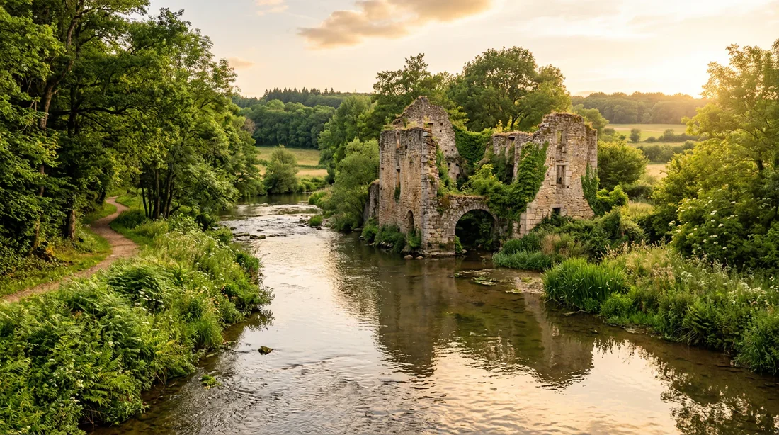 Rivière Chalaronne et moulin ancien Rivière Chalaronne longeant les ruines d'un ancien moulin en pierre