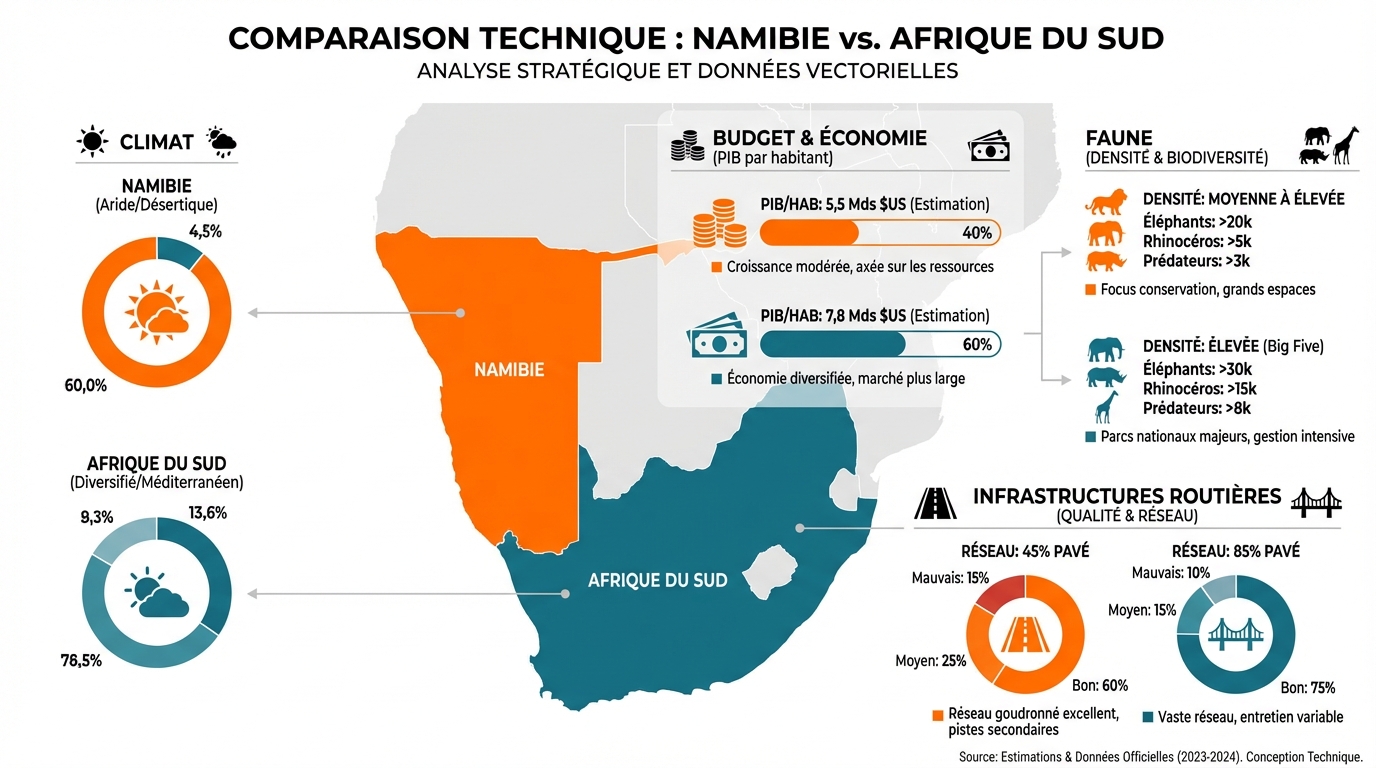 Tableau comparatif technique des données de voyage entre la Namibie et l'Afrique du Sud.