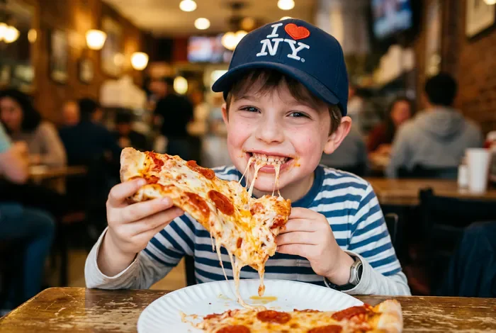 New York avec enfants : Guide 2026 - NYC en famille : 7 astuces pour réussir - Partir à New York avec enfants : mode d'emploi ? Enfant souriant mangeant une pizza à New York