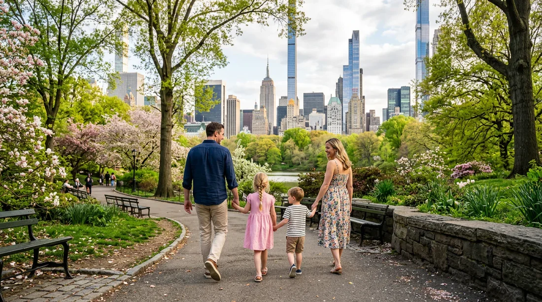 Famille se promenant main dans la main à Central Park, New York au printemps