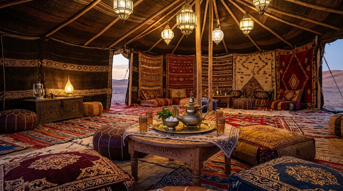 Aménagement intérieur d'une tente berbère traditionnelle avec tapis et lanternes