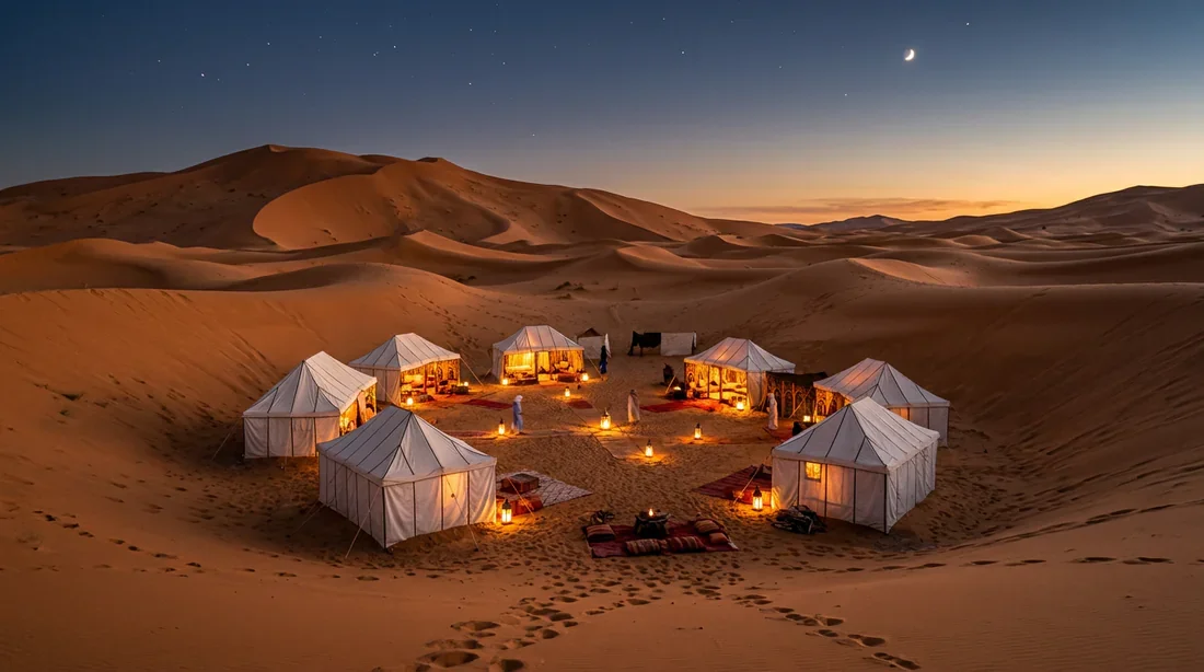 Campement de tentes berbères blanches éclairées au crépuscule dans les dunes du désert