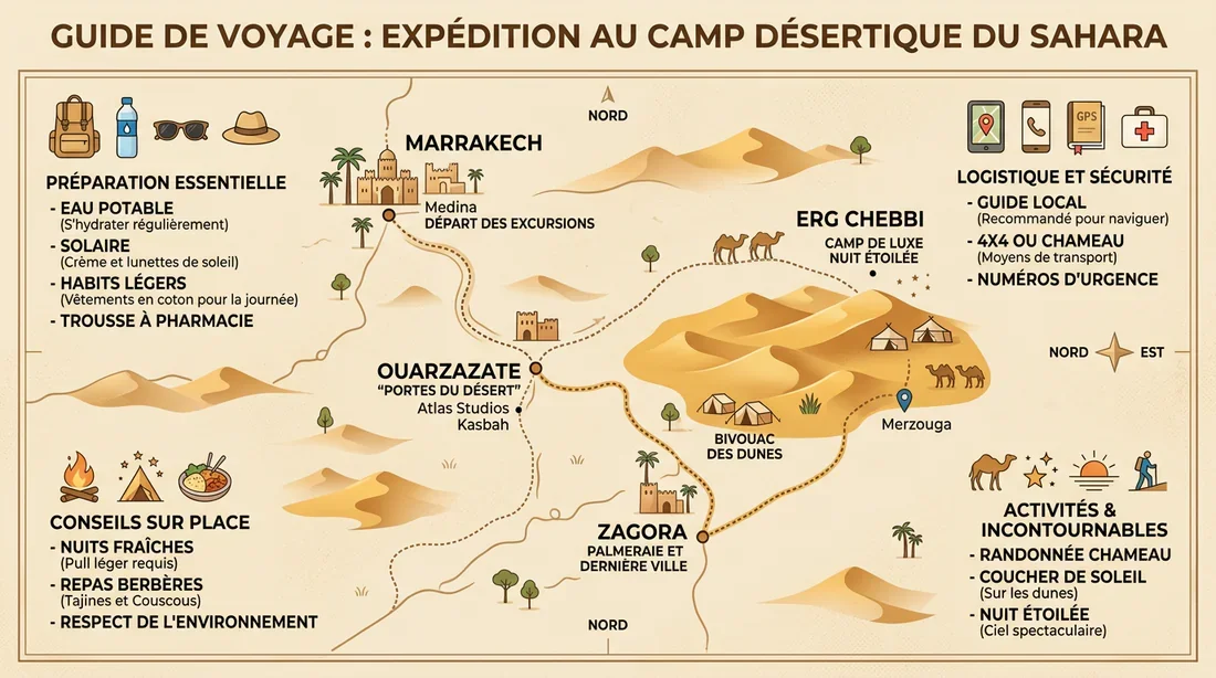 Infographie explicative des étapes et conseils pour préparer un séjour en campement berbère