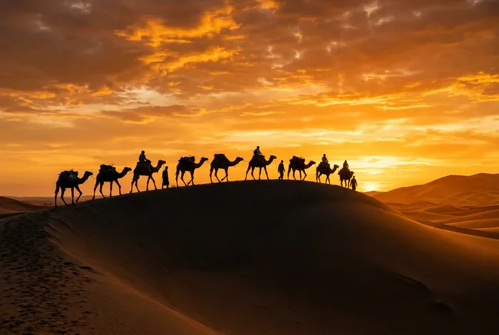 Silhouette d'une caravane de dromadaires marchant sur une dune au coucher du soleil