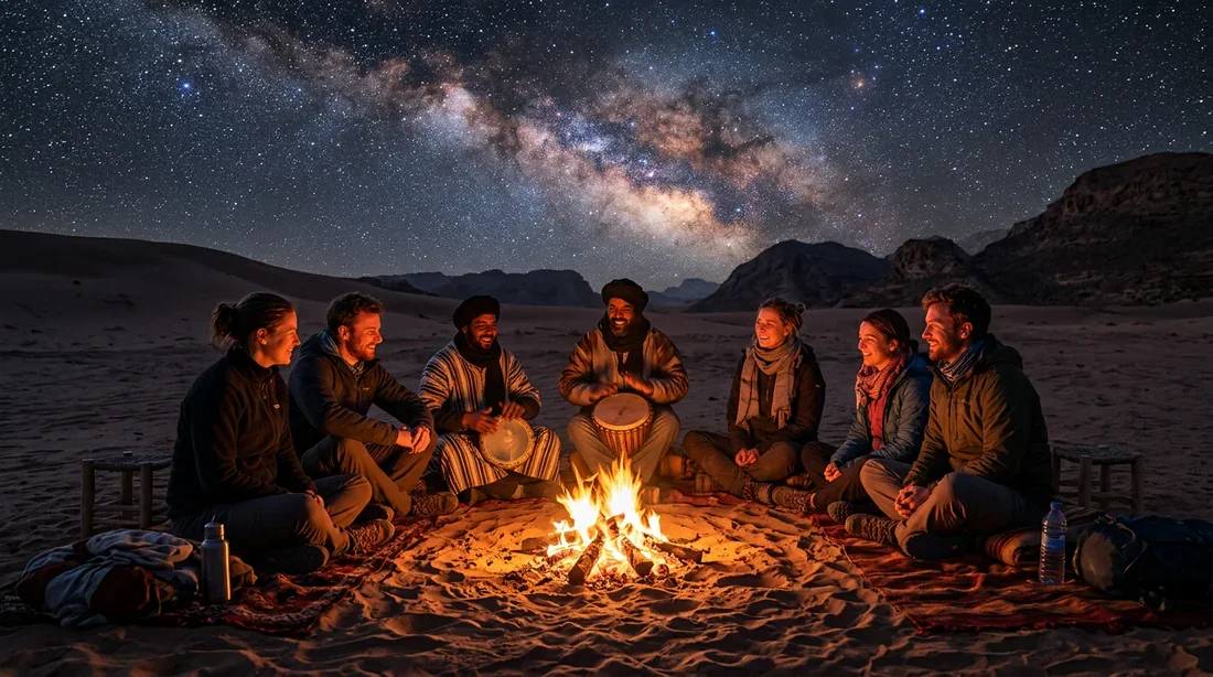 Soirée conviviale autour du feu de camp dans le désert avec musique traditionnelle