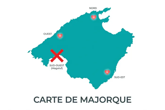 Où aller à Majorque en amoureux : 5 coins romantiques - Majorque en amoureux : Le guide ultime des 5 zones parfaites - Où aller à Majorque en amoureux sans la foule ? Carte illustrée de Majorque avec les zones recommandées et évitées
