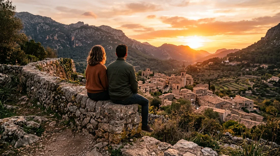 Coucher de soleil romantique à Valldemossa Un couple admirant le coucher de soleil à Valldemossa sur la Serra de Tramuntana