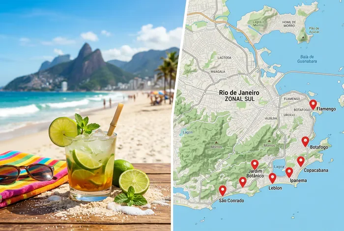Où dormir à Rio de Janeiro : 6 quartiers sûrs en 2026 - Rio de Janeiro : Le Guide Ultime des 6 Quartiers Sûrs - Où dormir à Rio de Janeiro ? Les 6 zones sans danger Montage entre un cocktail sur la plage et une carte de la Zona Sul à Rio