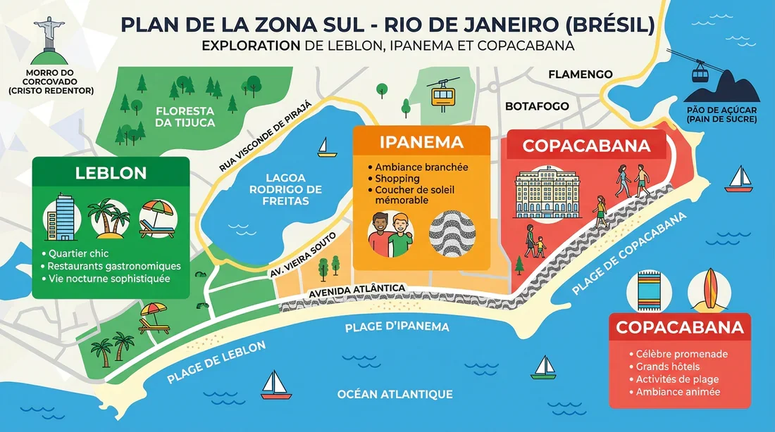 Schéma des quartiers emblématiques de la Zona Sul à Rio