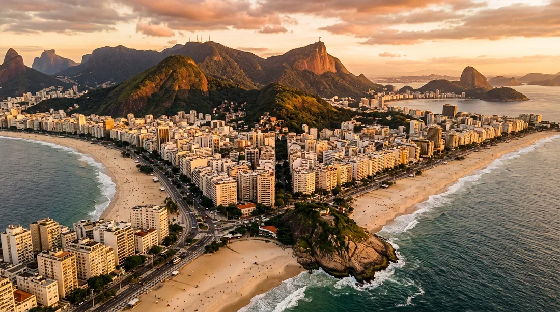Vue aérienne spectaculaire des plages d'Ipanema et Copacabana au coucher du soleil