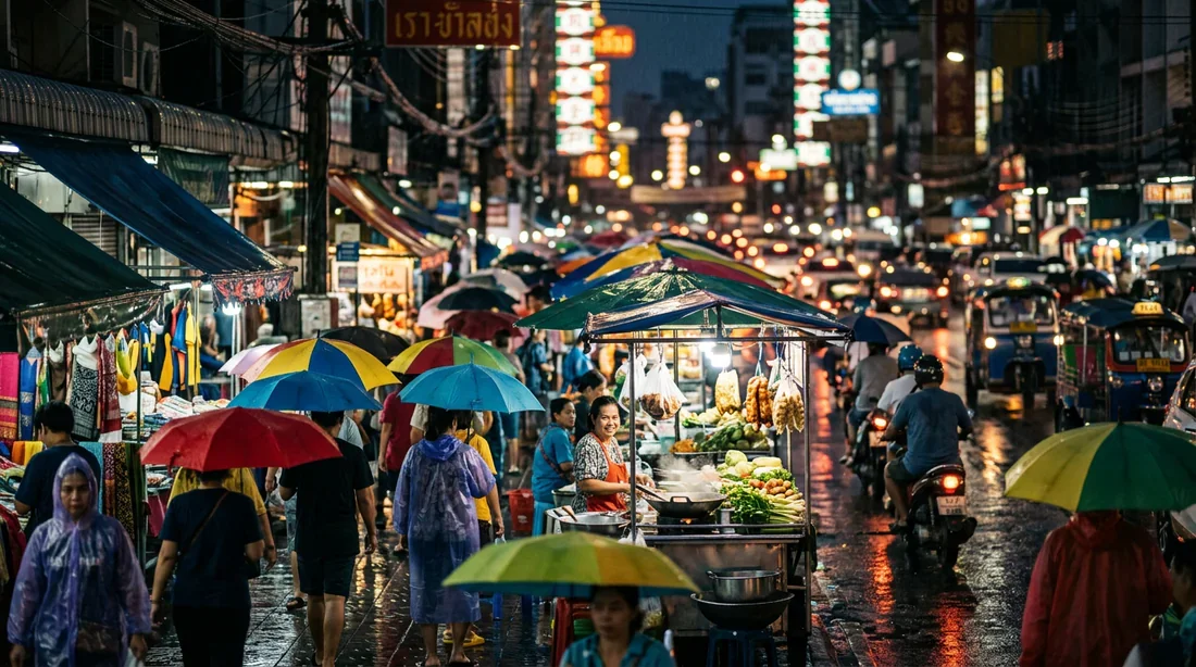 Ambiance de mousson dans les rues de Bangkok Atmosphère d'une rue à Bangkok pendant la saison des pluies