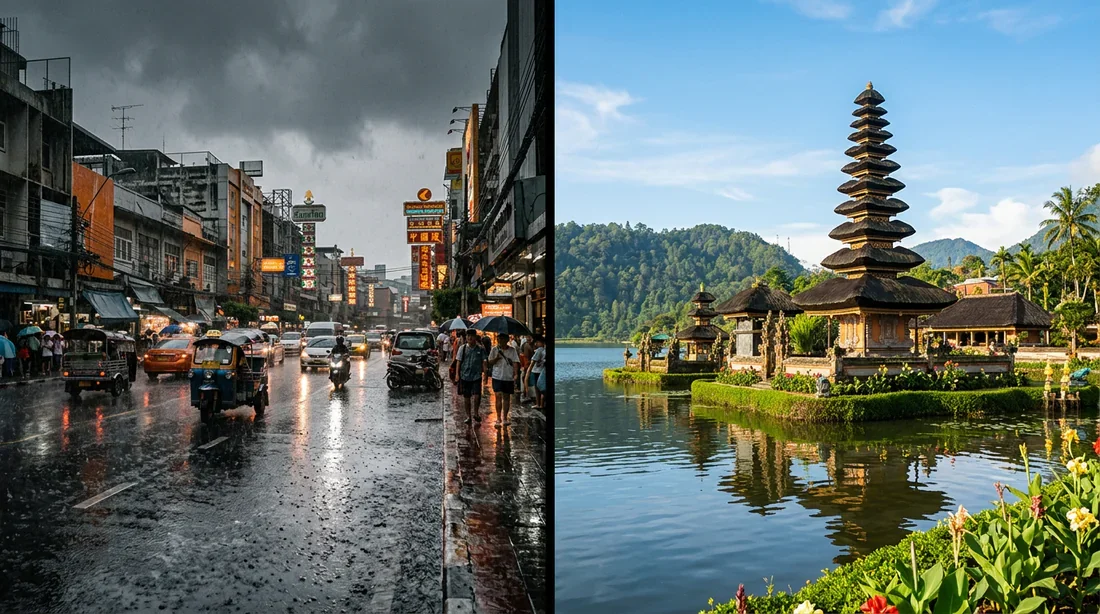 Météo en Asie du Sud-Est : Bangkok sous la pluie vs Bali au soleil Comparaison visuelle entre la mousson à Bangkok et le soleil à Bali