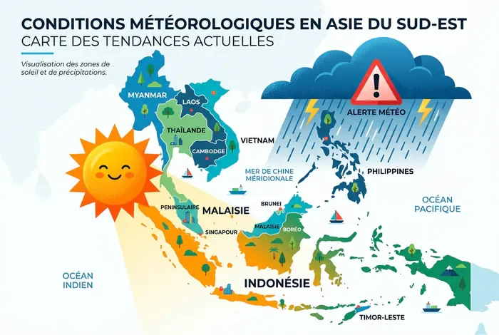 Où partir en juillet en Asie ? - 5 Destinations sans mousson - Asie en juillet : quel pays choisir sans pluie ? Infographie météo de l'Asie du Sud-Est avec zones ensoleillées et pluvieuses