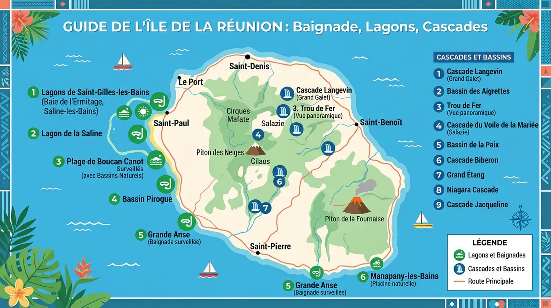Guide des lieux de baignade à La Réunion Carte infographique des meilleurs lieux de baignade à La Réunion