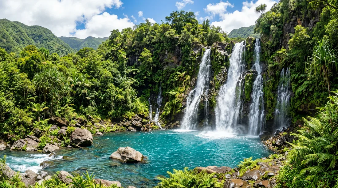 Baignade à la cascade Langevin Cascade Langevin à La Réunion entourée de végétation luxuriante