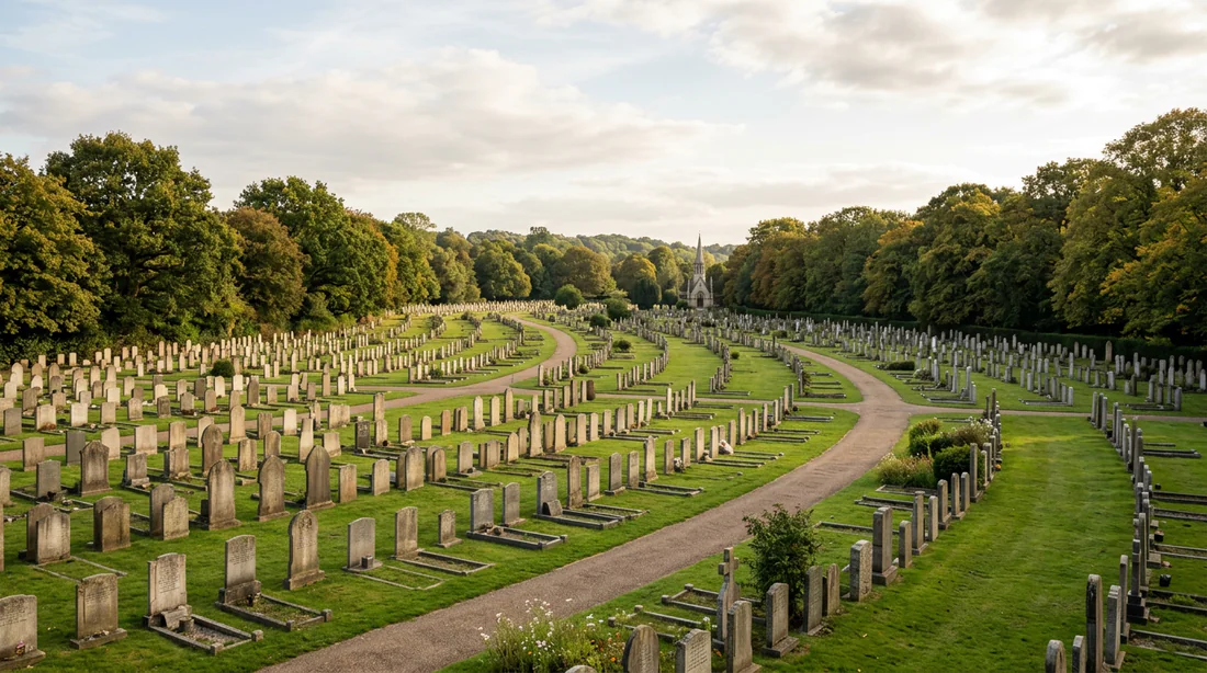 Vue paysagère paisible du cimetière d'Edgwarebury à Londres où repose la chanteuse.