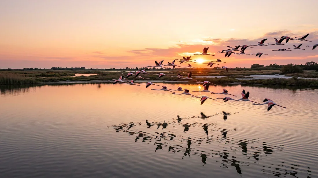 Envol spectaculaire de flamants roses au coucher du soleil au-dessus d'un étang en Camargue
