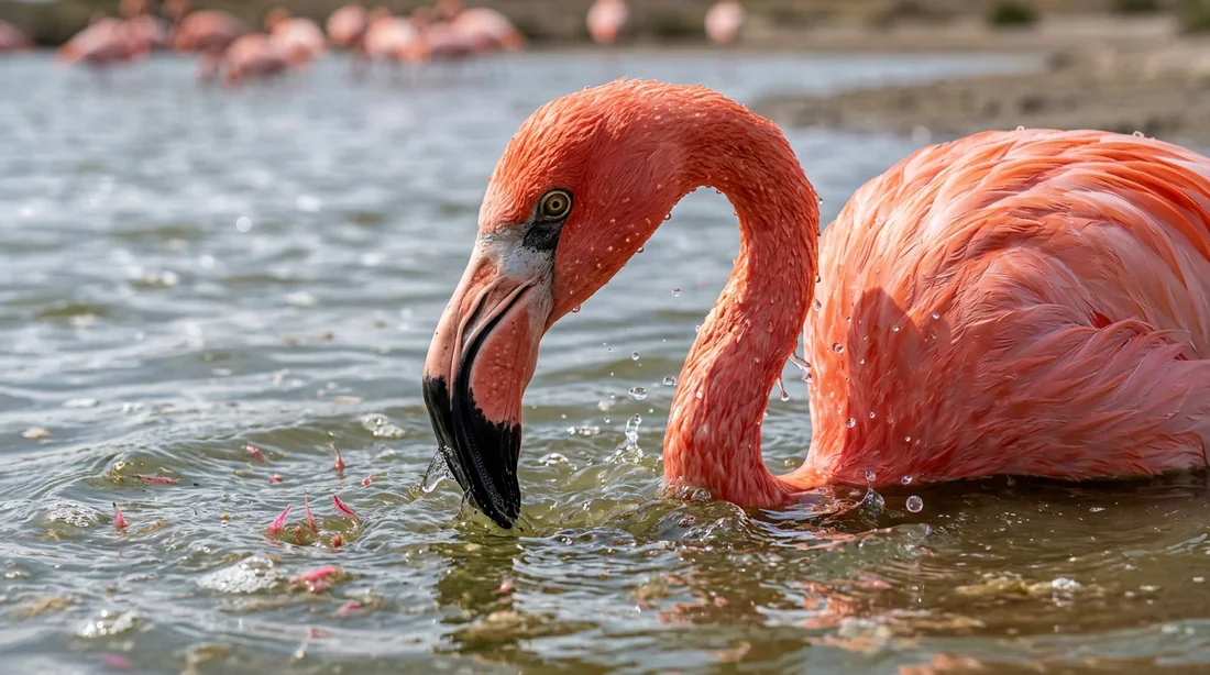 Flamant rose filtrant l'eau avec son bec pour se nourrir de crevettes Artemia
