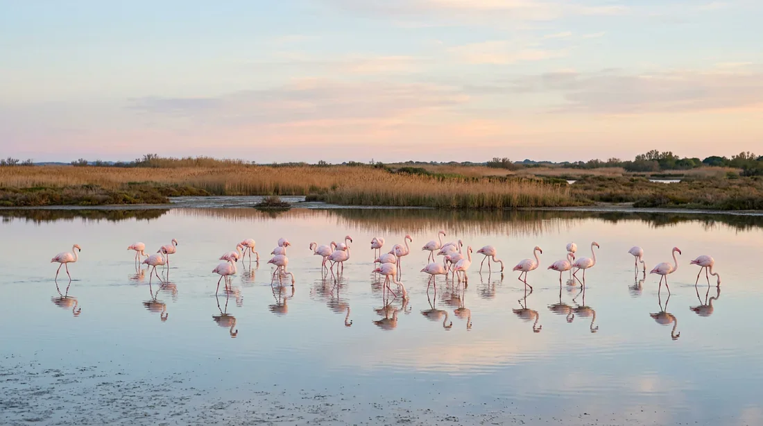 Flamants roses dans les eaux peu profondes d'un étang de Camargue
