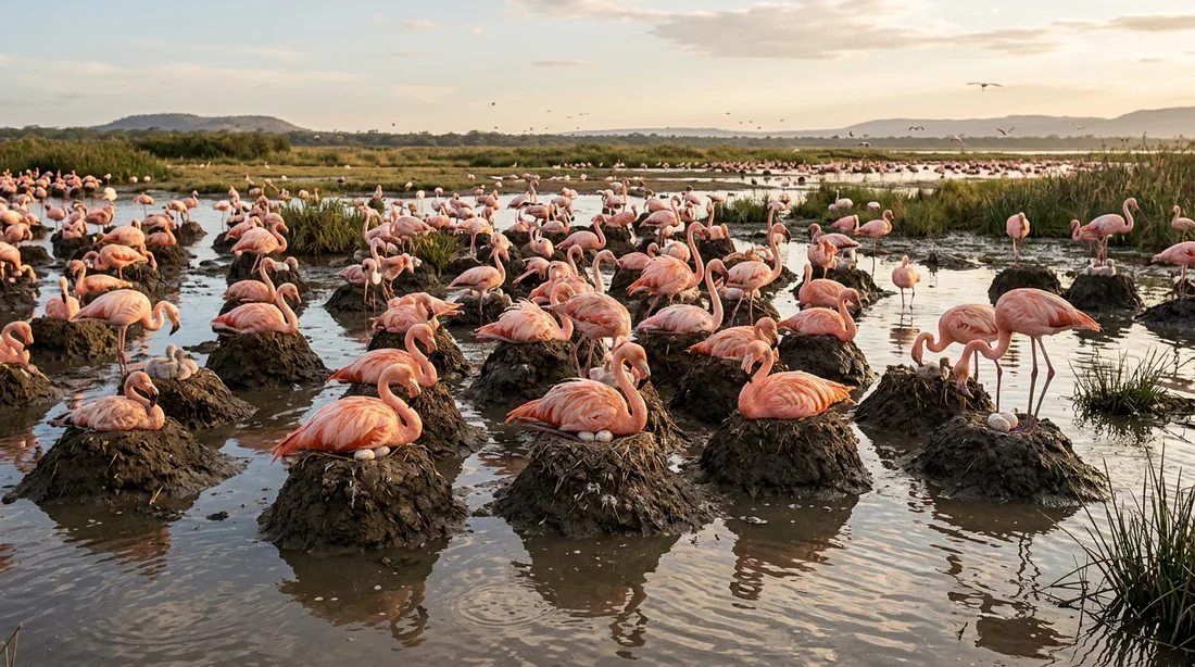 Nids de terre construits par les flamants roses dans un marais protégé