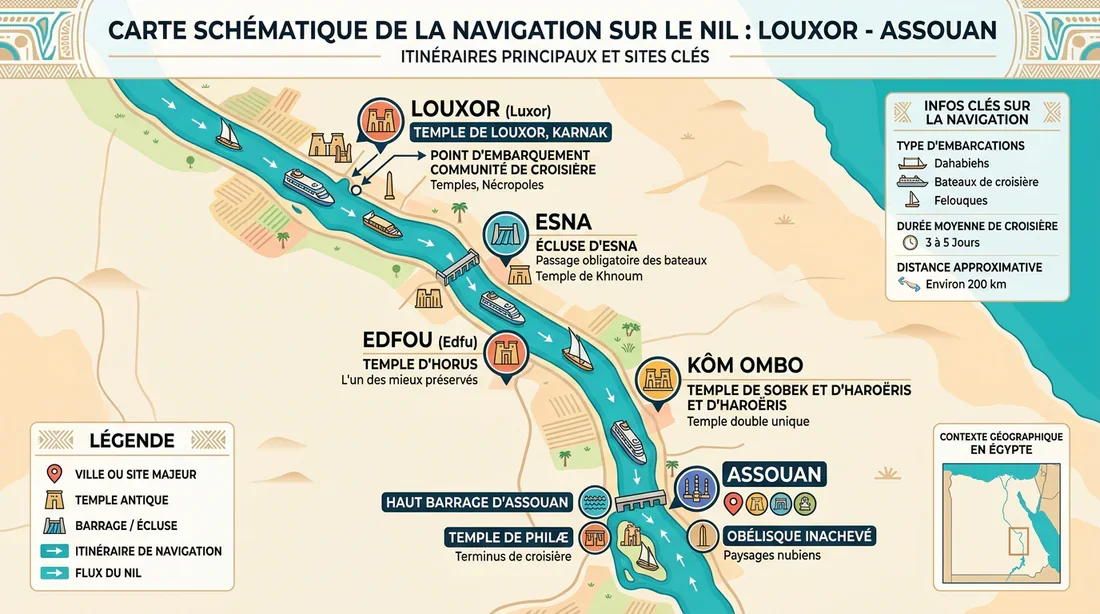 Carte des itinéraires de navigation sur le Nil