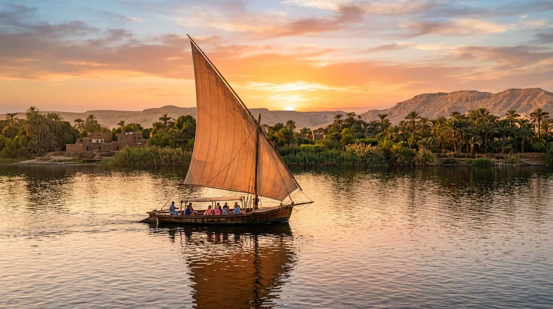 Felouque traditionnelle naviguant sur le Nil au coucher du soleil