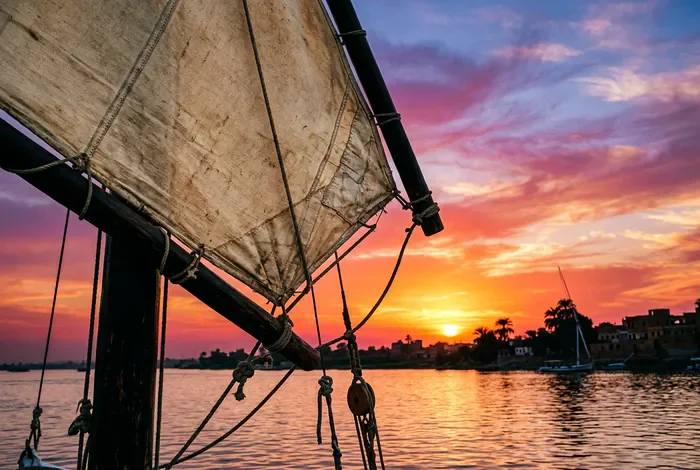 Peut-on se baigner dans le Nil ? - Baignade dans le Nil : Guide Ultime 2026 - Se baigner dans le Nil est-il dangereux ? Les risques Vue rapprochée d'une voile de felouque au coucher du soleil
