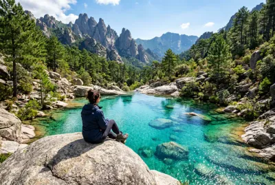Randonneur assis au bord d'une vasque d'eau transparente à Bavella