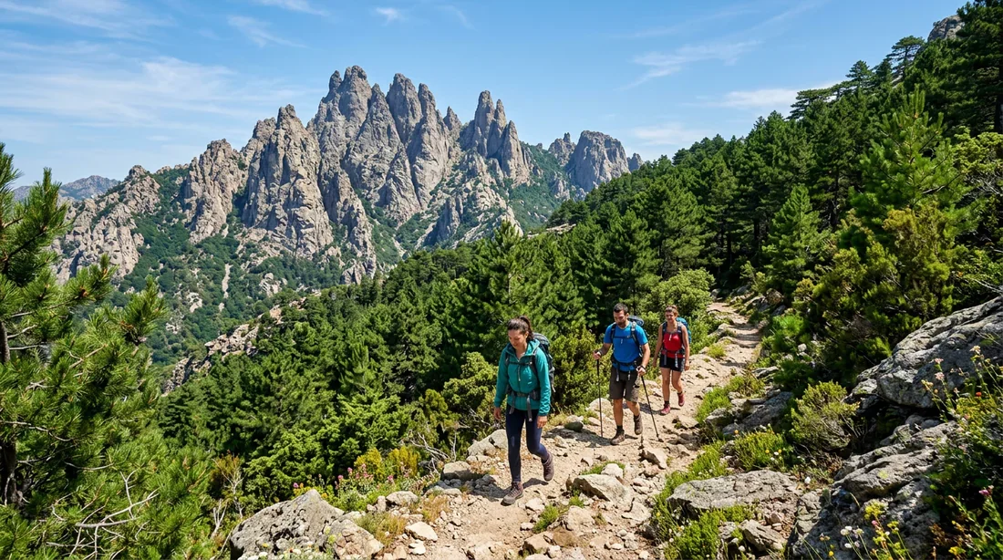 Sentier de randonnée vers les Aiguilles de Bavella Randonneurs sur le sentier panoramique menant aux vasques de la Purcaraccia