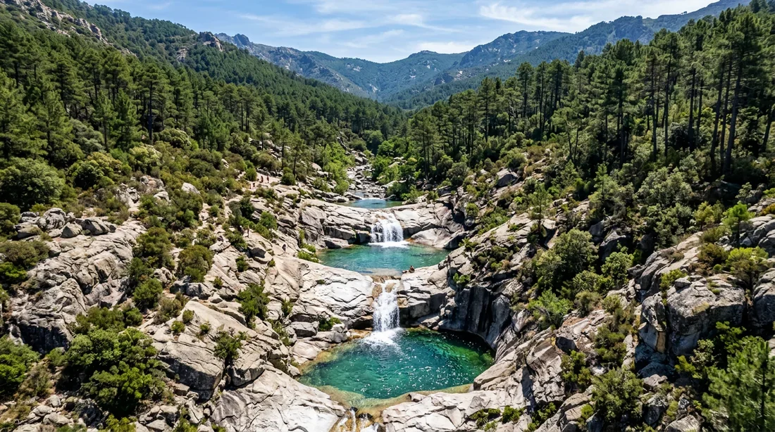 Vasques émeraude et cascades de la Purcaraccia en Corse Vue aérienne par drone des vasques naturelles à débordement de la Purcaraccia en Corse avec eau émeraude