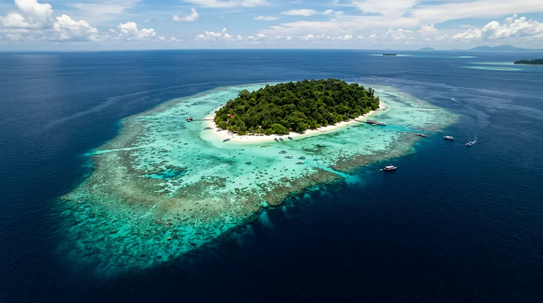 Vue aérienne de l'île de Sipadan Vue aérienne spectaculaire de l'île de Sipadan et de son récif corallien